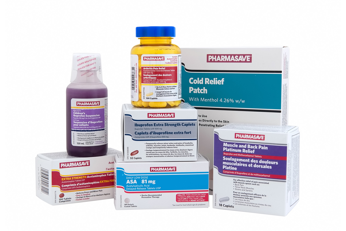 Pharmasave Brand pain and analgesics products.