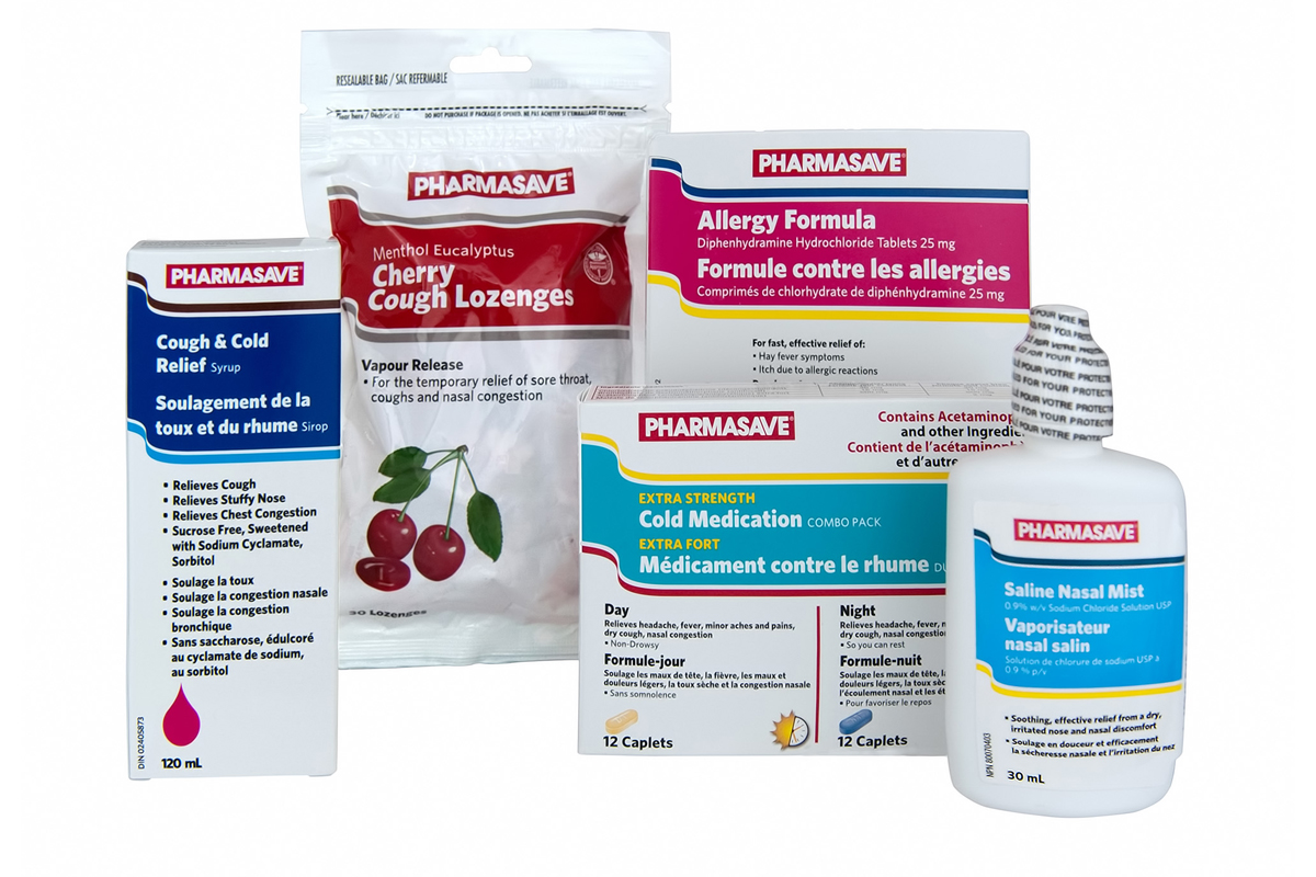Pharmasave Brand cold and allergy products.