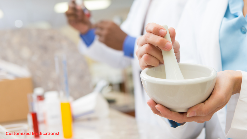 An image showing a pestle and mortar on a clean counter at a compounding pharmacy. The mortar contains a finely ground powder, and the pestle rests next to it. The setting emphasizes the precision and personalized care involved in creating custom medications