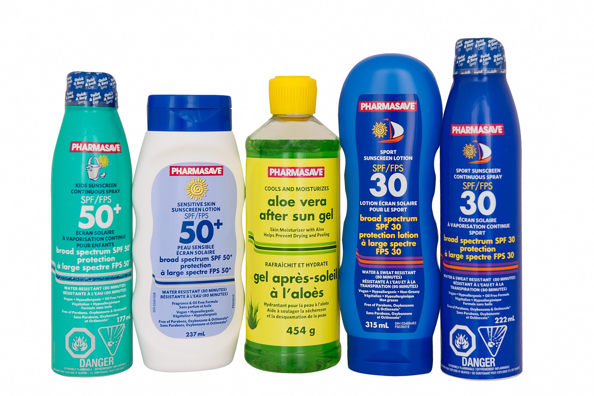 Sun Care_resized Pharmasave Brand sun care products.