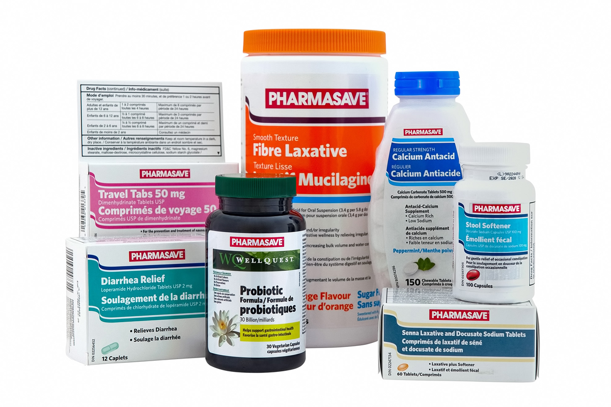 Pharmasave Brand digestive health products.