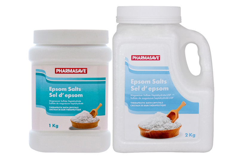 Pharmasave Brand Epsom Salts, unscented, 1KG package next to 2KG package.