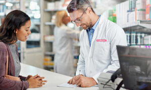 Male pharmacist writing a young women a prescription.