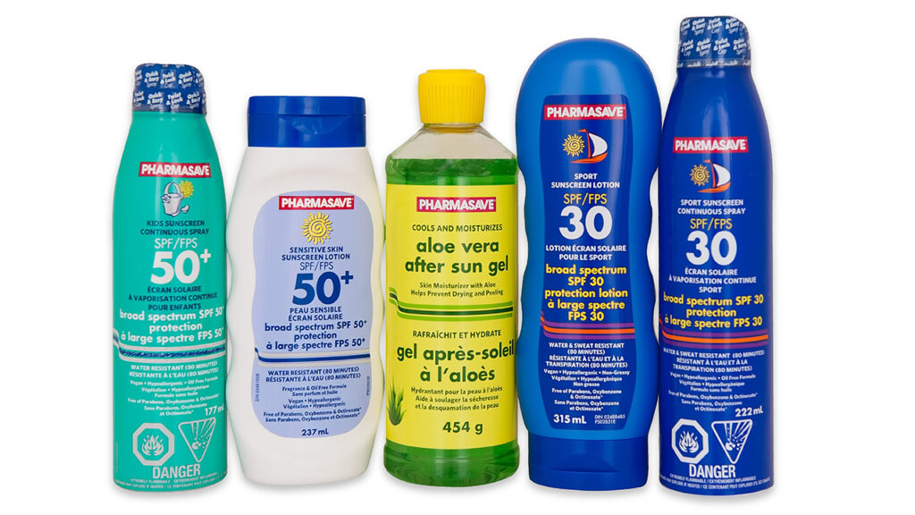 Selection of Pharmasave Brand Sun Care products.