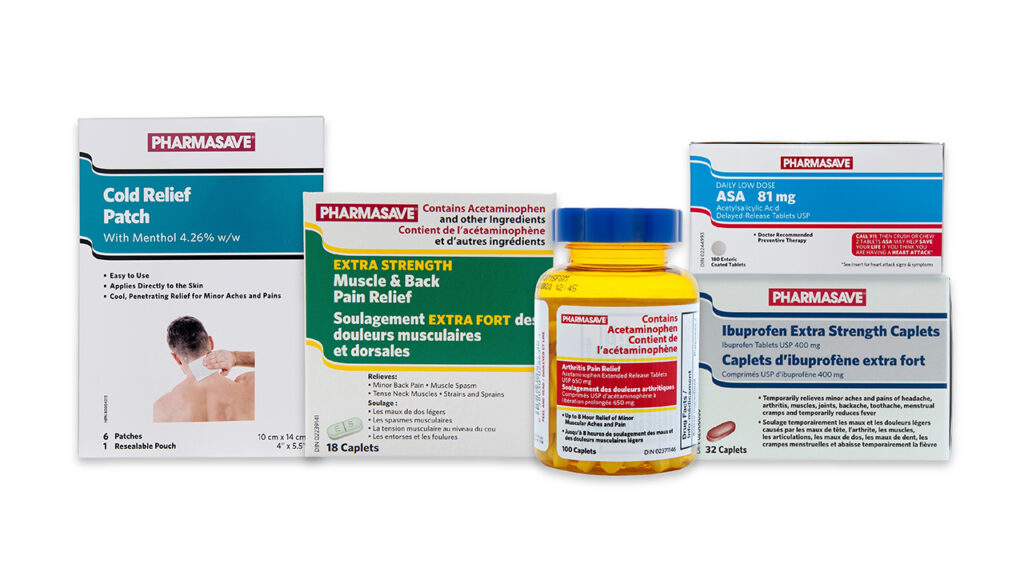Selection of Pharmasave Brand over-the-counter pain relief products.