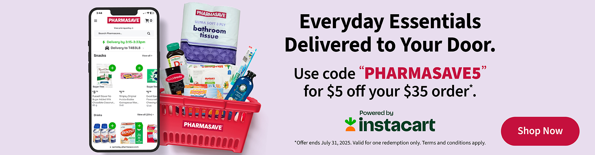 Pharmasave Instacart promotion for $5 off a $35 purchase. Expiry date is July 31, 2025.