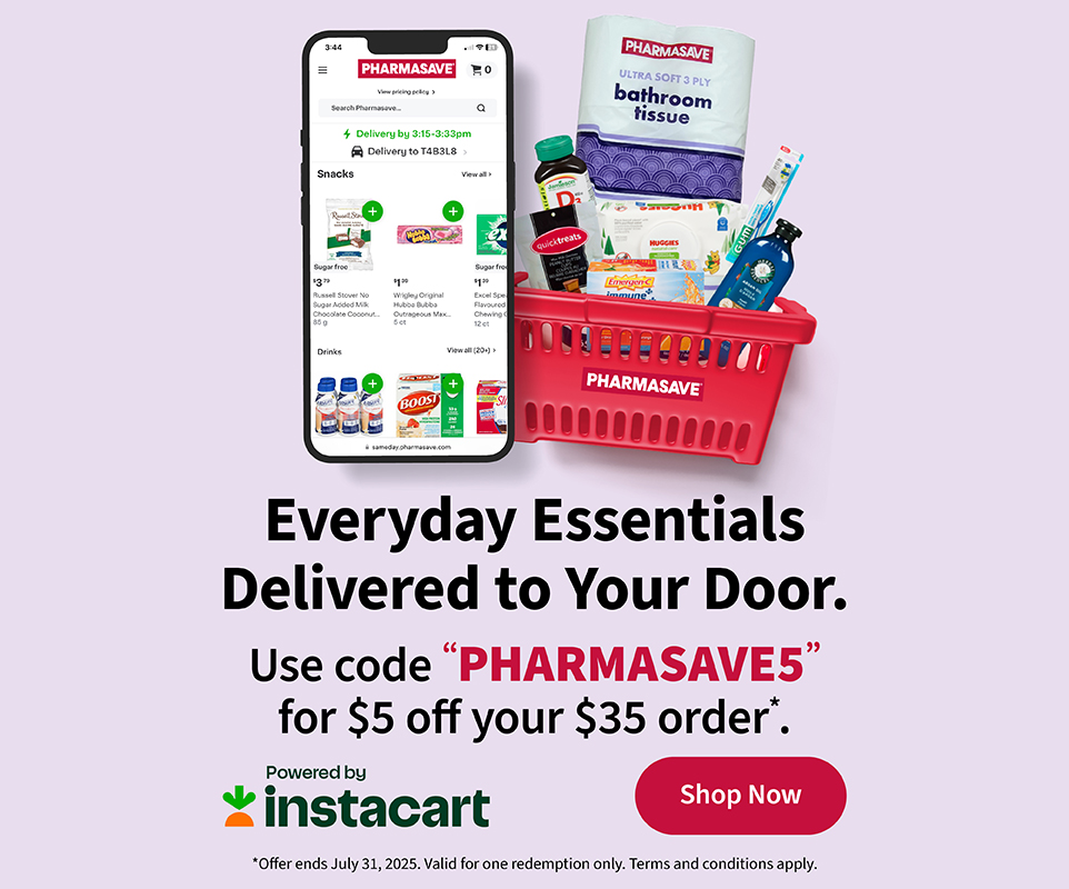 Pharmasave Instacart promotion for $5 off a $35 purchase. Expiry date is July 31, 2025.